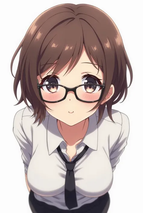  character  {girl} + {{{ Short brown hair }}} + {{slightly wavy hair at the end of it }} + {{ white skin }} + {18 years old} + {{ school uniform in a white shirt with a black tie}} + {{ flushed cheeks }} + {{{Marcos glasses black }}} + {{ black eyes}} + {{...