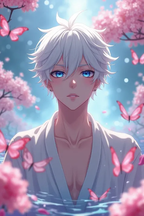 absurdres,  high resolution, Ultra Detailed, HDR, masterpiece,  Top Quality, Gojo Satoru,  White Hair ,  expressive blue eyes , white eyelashes, Jujutsu Kaisen, Alone,  sexy man ,  good-looking, Fantasy, shining, water, pink flower, Pink flowers, pink butt...