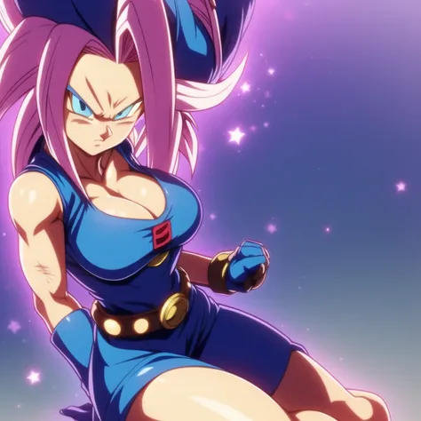 dbsuper style, 
Petite , green aura, super saiyan aura, belt, purple colored hair, huge hair, bruise, bruise on face, clenched hands, frown, Mages hat, gloves, blue eyes, grey gloves, evil grin, medium breasts, petite, soft muscles, solo, spiked hair, supe...