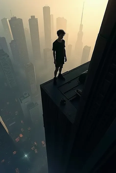 silhouette of a teenager  ,standing on the very edge of the roof of a high-rise building and looking down