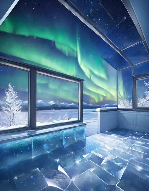 European room made of ice with a view of the winter starry sky、 Aurora