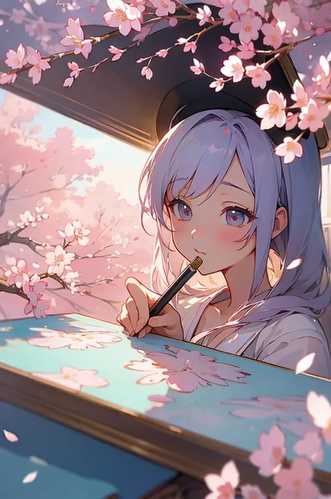 a beautiful detailed photo of a pen and a flower on a table, anime style background, delicate soft painting, anime style background art, soft anime illustration, beautiful aesthetic art, watercolor painting style, highly detailed 4k painting, cherry blosso...