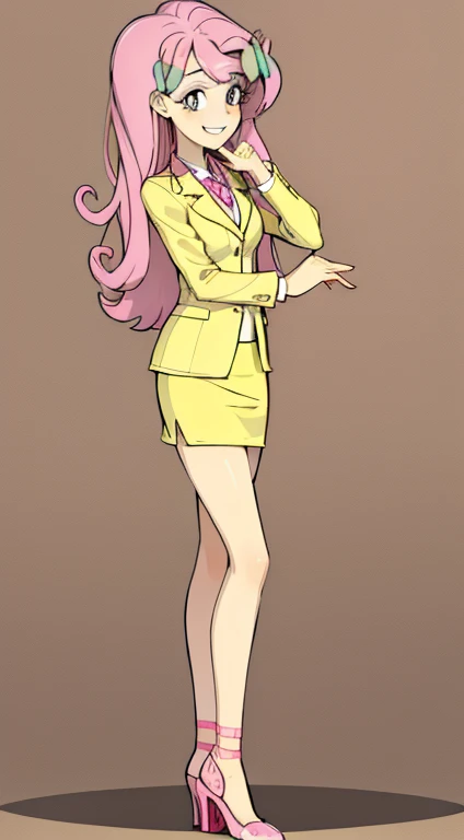 masterpiece,best quality,1girl,solo,mlpfluttershy,colored skin,hair ornament,pink hair,yellow military suit, blazer, pencil skirt, bare legs, high heels, full body, shy, smile, office background