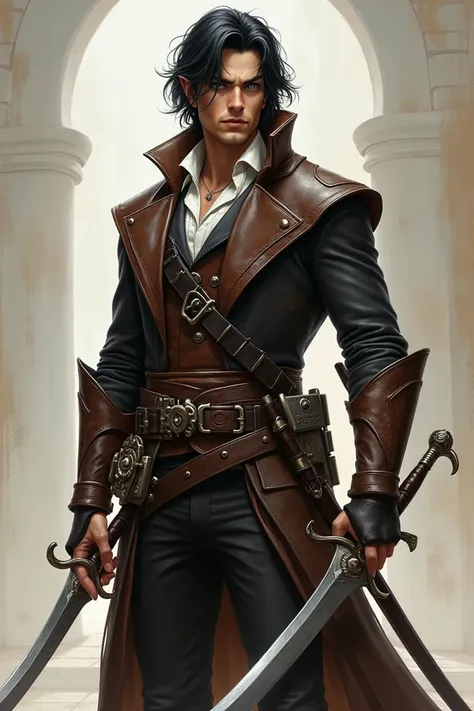  Slim and athletic half-elf man, picaro, handsome, hot,  medium length black hair ,  white complexion ,  leather armor , small swords and daggers like weapons on a belt