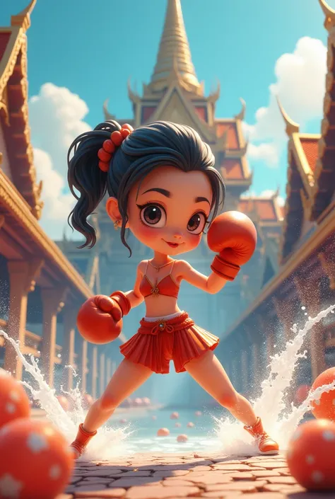 Masterpiece, 3D cartoon, Chibi style, A stunning beautiful Japanese woman with elegant, featuring a slim and perfectly proportioned face. She is dressed in a futuristic fashion of Thai boxing (Muay Thai) shorts and boxing gloves. The scene blends elements ...