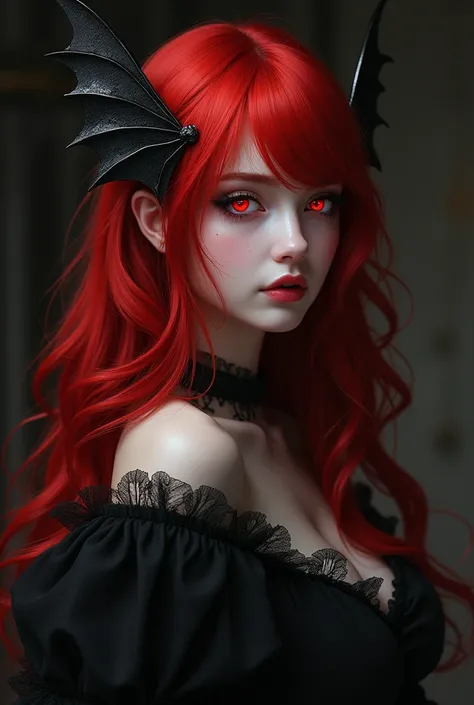 A vampire girl with red hair and eyes. There is a barrette in the form of bat wings on her hair.