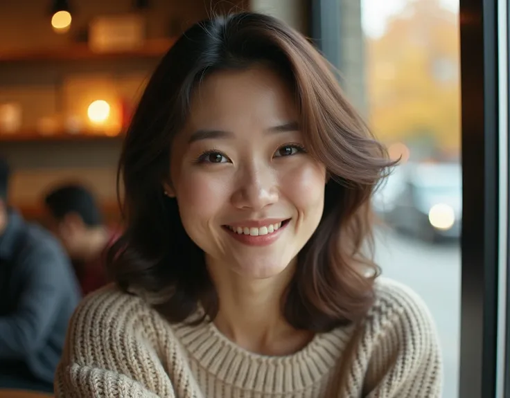  A beautiful Korean woman in her 50s ( Warm smile and charming gaze ),  Natural skin texture ,  Shoulder-length brown hair ,  pastel tones for realism ,  warm lighting. The scenery of autumn leaves outside the coffee shop window is beautiful.  Fallen leave...