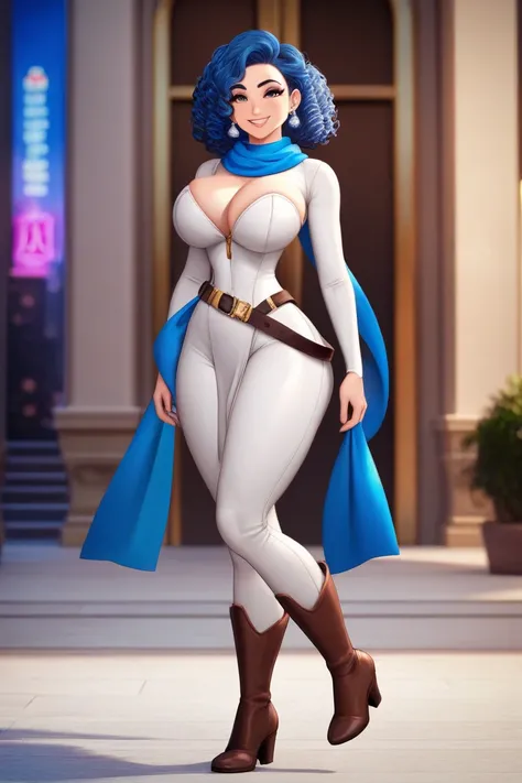 ((1girl, curly hair, blue hair, big breasts, big neckline, stand front, big hipps, confident smile)), ((1.50 meters tall, in her 25y))((elegant bearing)), ((thin waist, beauty face)), ((white tight body jumpsuit, brown belt, brown boots, blue scarf, detail...