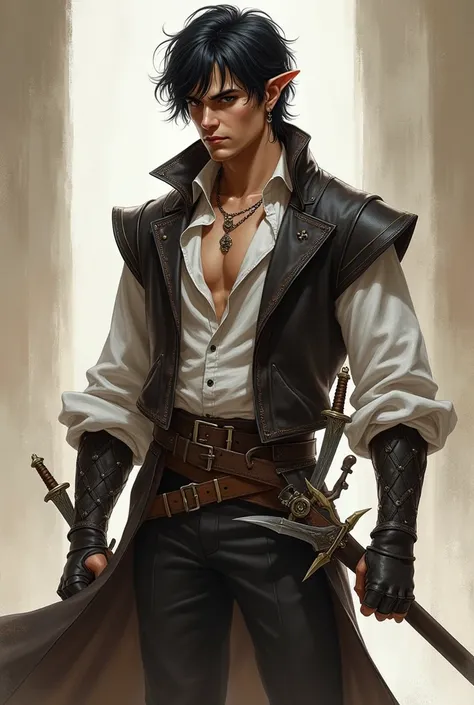  Slim and athletic half-elf man, picaro, handsome, hot,  medium length black hair ,  white complexion ,  leather armor , small swords and daggers like weapons on a belt