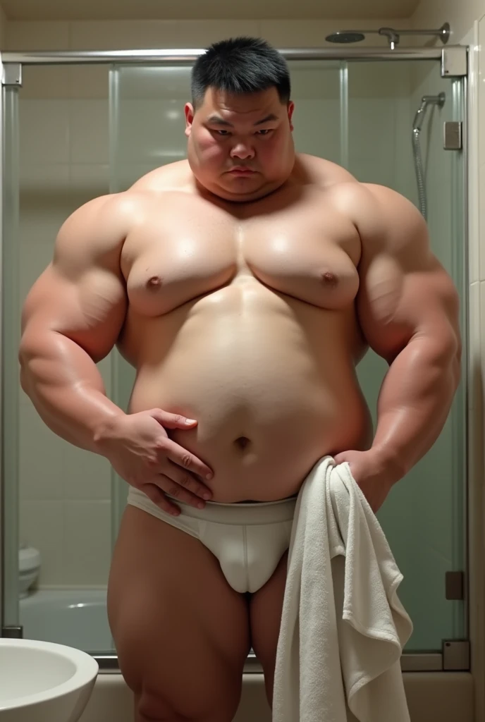 Fat Man，Asian， Square face， have thick arms and thighs ， short hair black hair  ，pectoralis major，No big belly ，Wear transparent swimming trunks， swimming trunks raised big bag ， Thick penis  ，Thick penis， Hold a bath towel in your right hand ， hold a peni...