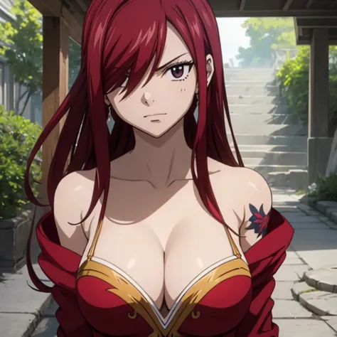 Erza Scarlet from Fairy Tail 1girl, Solo, High Resolution, Masterpiece, Super Detailed, Best Quality,  Summer, , Cleavage, Sexy coat, Long Hair, Hair Over One Eye, Scarlet hair, Diamond-shape silver earrings, Fairy Tail logo tattooq on left arm, Full body,...