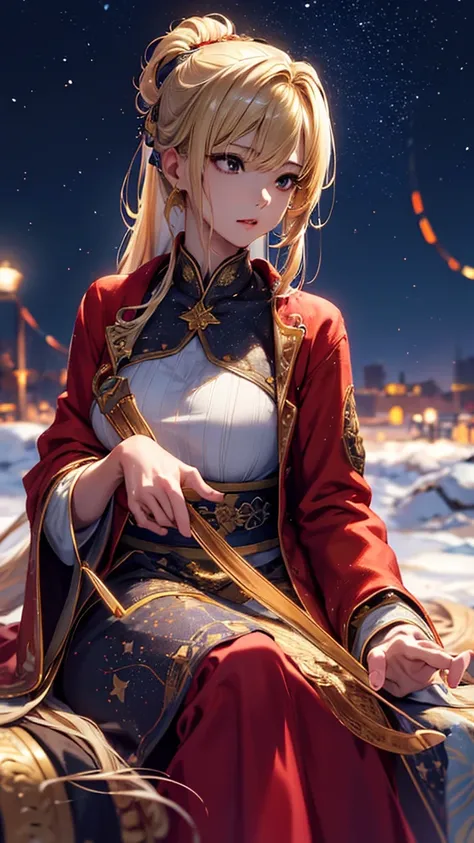   Masterpiece ,    High Quality    , 4K, Beautiful design,  blonde alone    ， 非常に詳細な夜の   starry sky     , Illuminations，      wonderful,         delicate details,  Very knowledgeable woman          , Highly detailed solo, 1 female,Big Breasts，Stole，       ...