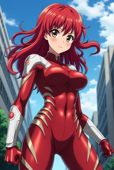  My Hero Academia style ,   anime girl , woman, young woman ,  full body shot ,( Fighting Stance :1.3),Long Hair,  red hair,   brown eyes , hero suit, Full Body Suit,  red suit with white details, perfect anatomy,  enhanced abs , super detailed,(building:1...