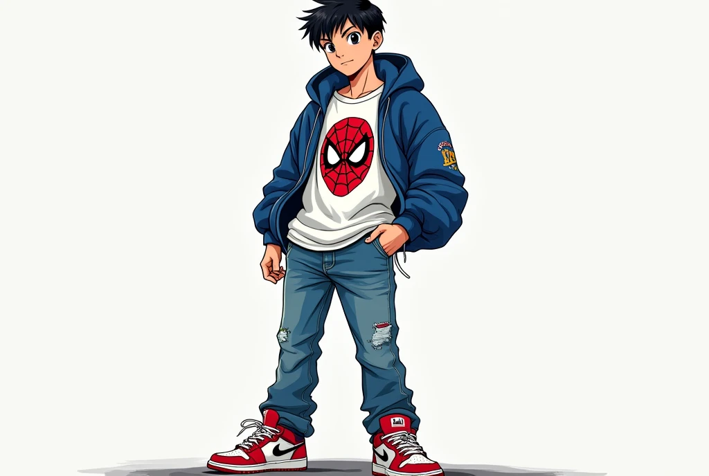  Manga-style illustration , Man 21 years old, White,  black eyes , Very short hair Wearing jeans and Spider-Man t-shirt wearing Nike Air Jordan Wearing blue closed hoodie, front position
