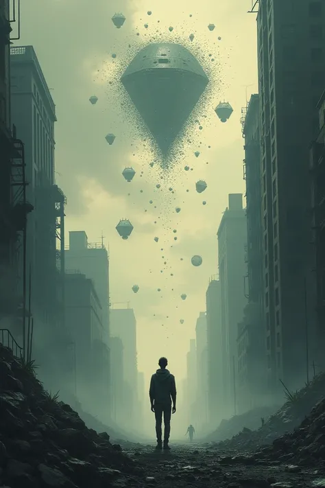 For an illustration based on the essay "Why the Future Does Not Need Us," here’s an idea:

**Concept**: A lone figure standing on a cracked and decaying cityscape, gazing up at a swarm of small, metallic robots (symbolizing nanotechnology and robotics) mul...