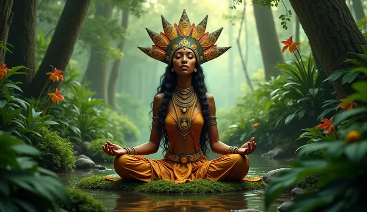 Oshun meditating in the forest. She sports an adês and, on her face, a yellow imbé. by her side, a abebé