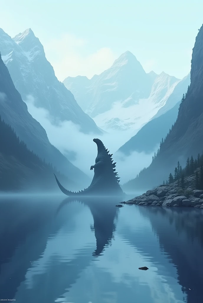 Surrounded by mountains, lake, The quiet surface of the water looks like a mirror, cold air, Its hazy, Godzillas neck that came out of the water, from above, anime, UHD, super detail, high details, HD