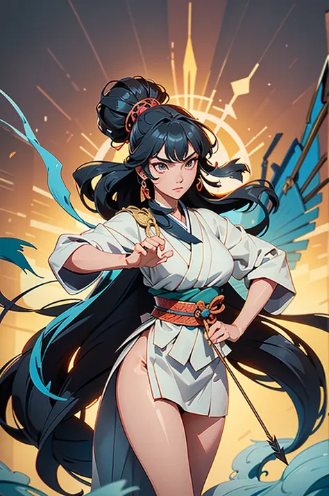 A full-body depiction of Kushinadahime, a master archer from Japanese mythology (nihonshinwa), with long, sleek black hair flowing elegantly. She stands gracefully in royal attire adorned with intricate patterns, holding a massive five-person war bow. Pois...