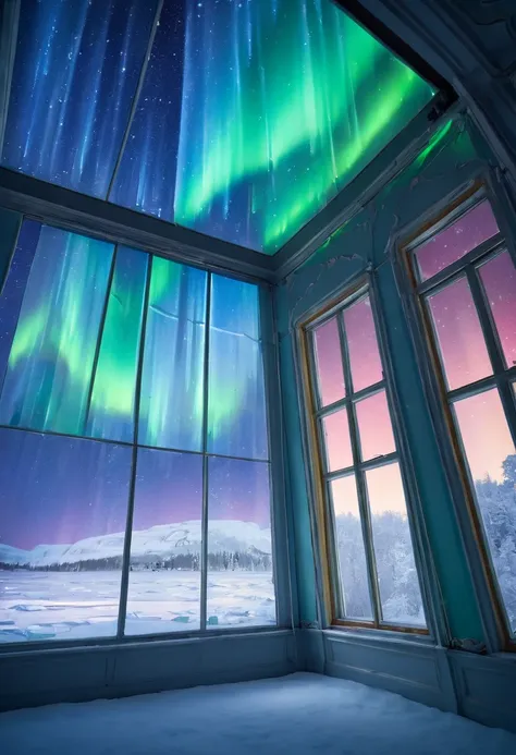 An aurora curtain that flutters in a European room made of ice at night