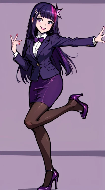 masterpiece,best quality,1girl,solo,mlptwilightsparkle,colored skin,hair ornament,purple and fuchsia hair,purple military suit, blazer, pencil skirt, black pantyhose, high heels, full body, confident, smile, office background