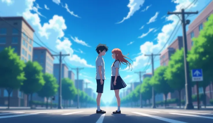 Full HD 4K dynamic Image. Anime theme. Sadak ke beech me ak ladka aur ek ladki khadae hai.  Ladki ladke ke saamne khadi hai. Ladki School dress me hai. Romantic mahol hai. Hawaye chal rahi hai. Aasmaan Neela hai. 