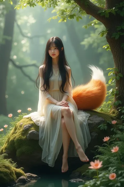 Beautiful Asian girl, 18 years old, she was born with a beautiful fluffy fox tail. She is sitting on a rock