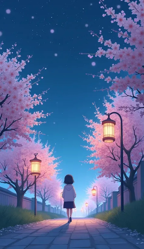 The photo should depict a lone figure walking under a calm, starry night sky, gazing upward with a hopeful expression. Include soft cherry blossom trees in bloom, a glowing traditional Japanese lantern, and a peaceful path. The atmosphere should feel seren...