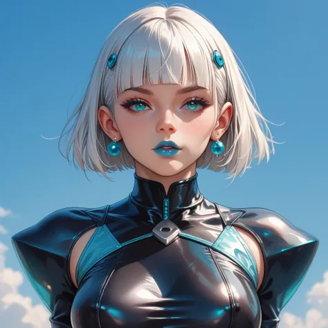 sexy woman,  White hair,  cropped fringe hair style , Wearing simple transparent black linen bodysuit, big tits, sexy bulky thigh ,  wearing cyan blue lipstick ,  cyan eye color ,  full body image