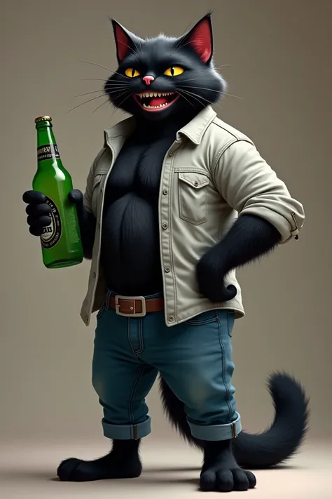 A confident anthropomorphic black cat with sleek, shiny fur. He is wearing blue jeans and an open light gray shirt with the sleeves rolled up, revealing a muscular chest covered in short black fur. In his hand, he holds a green beer bottle with a casual gr...