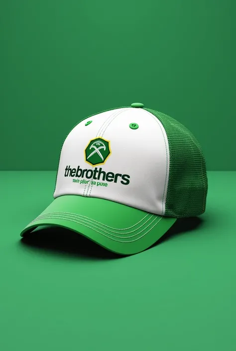 Create a design of cap of front and back the cap color is green and white and cap should be must wearing on cricket matches and make it on a cricket logo on cap the text it on ( THE BROTHERS)