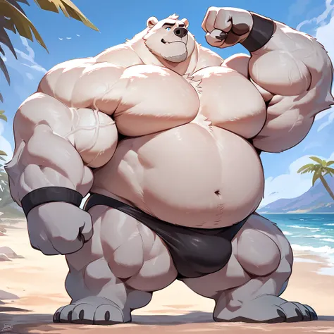 huge muscular polar bear in beach, big hulking flex, grunting noise, polar bear, huge white fur, thick arm, huge arm, added thigk colored gray mustache, added thick colored grey beard. 67" (201 cm) in height and he is 350 pounds (159 kg), Short white hair,...