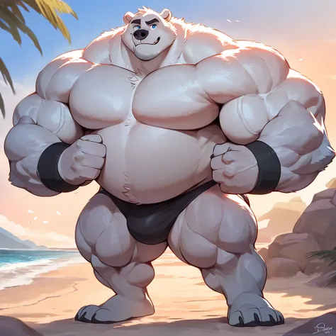 huge muscular polar bear in beach, big hulking flex, grunting noise, polar bear, huge white fur, thick arm, huge arm, added thigk colored gray mustache, added thick colored grey beard. 67" (201 cm) in height and he is 350 pounds (159 kg), Short white hair,...