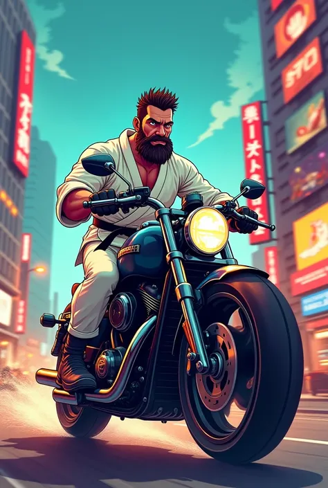 Karateca cartoon with beard and short hair on a motorcycle