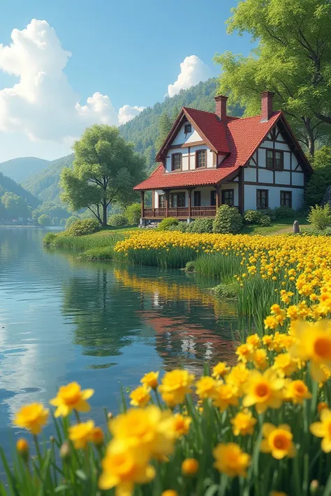 A house with red and white next to a beautiful lake and with yellow flowers 