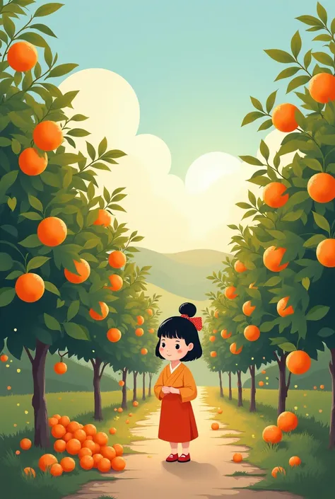 Orange Orchard Harvest Rural Girl Picking Flat Illustration Style Chinese Style