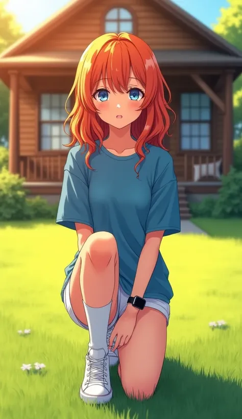 A stunning and detailed anime-style illustration captures a golden hour scene with a relaxed outdoor portrait of a young girl kneeling front-facing on the grassy lawn in front of a suburban house. She has gray-blue eyes and slightly wavy, naturally red-gol...