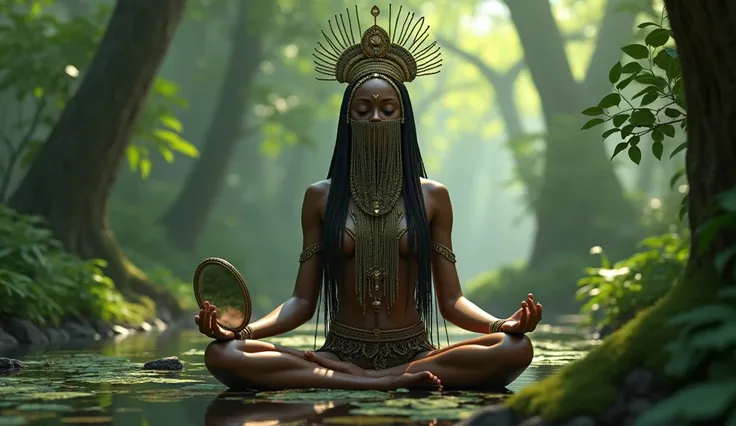 Oshun meditating in the forest. beaded veil on the face. next to him, a hand mirror