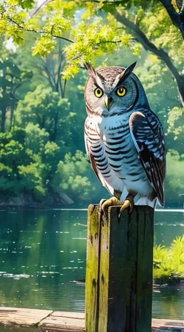 watercolor、Quiet Lake 、  beautiful color  、 beautiful owl，Professional photography， Details， high definition ， best quality，masterpiece，，