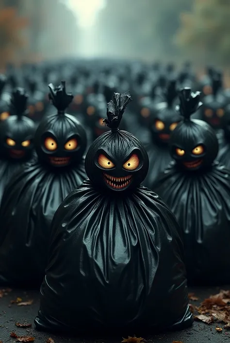 Band of black garbage bags with evil faces