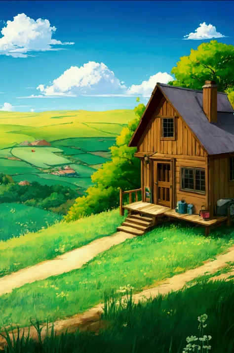 2d studio Ghibli anime style, anime scene, Grassland, countryside, Tiny house