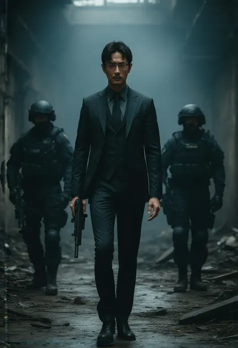 Scene Description:
Shinichiro Saito, in a calm yet deadly stance, stands at the center of an intense standoff with two of the Guntai’s elite agents in a dimly lit, abandoned warehouse. The atmosphere is tense, thick with anticipation, as Shinichiro prepare...