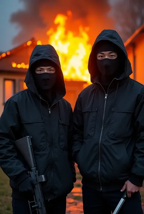 give me a photo, 2 Chinese robbers wearing black ski masks, fierce faces, 1 holding a homemade gun and 1 holding a knife, facing the camera standing in front of a burning house, detail, high quality, wide angle, night