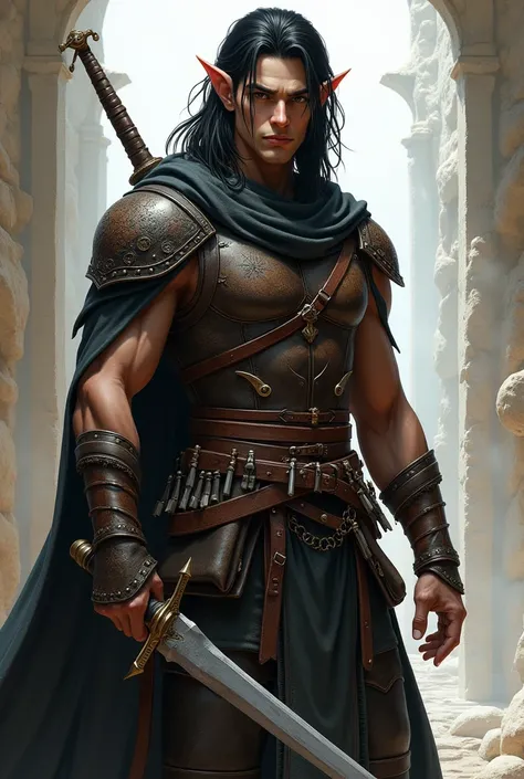  Slim and athletic half-elf man, medium long black hair,  white complexion , rogue, handsome, brave, manly,  leather armor , sword and small daggers on a belt