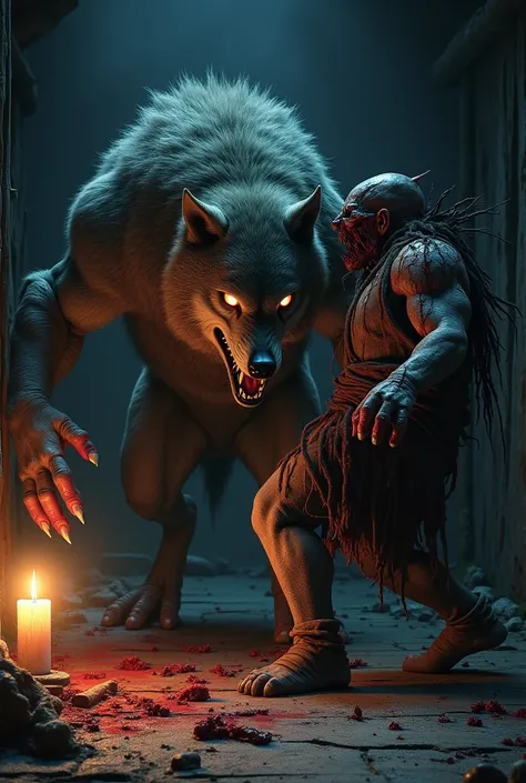 a monstrous wolf with glowing eyes fighting a horrifying bloody Skinwalker inside a dark wooden cabin at night, gore, nightmare, highest definition, highest detail, highest quality 