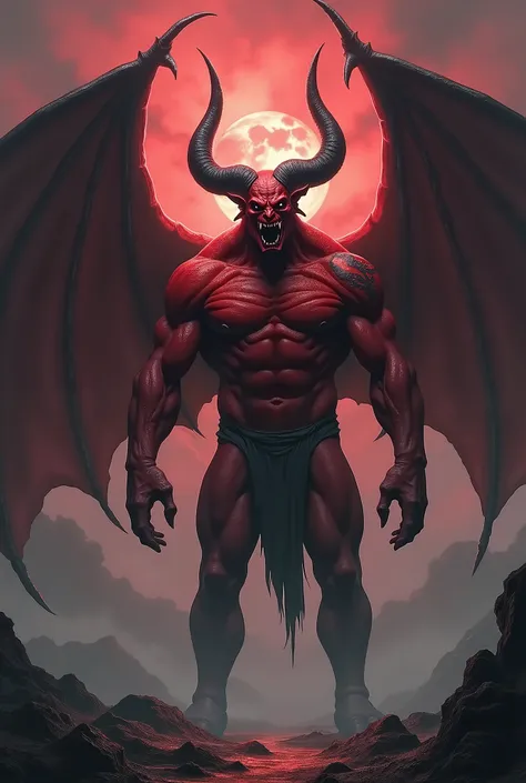 Large muscular red demon with wings and black curved horns