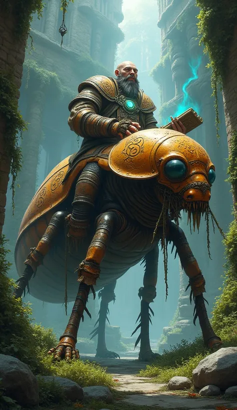 "A stoic, rune-covered dwarf mage with a glowing amulet riding a massive, bronze-colored cicada in the middle of an ancient, overgrown ruin. The mage holds a spellbook bound with vines, its pages emitting faint blue light. The cicada’s textured body contra...