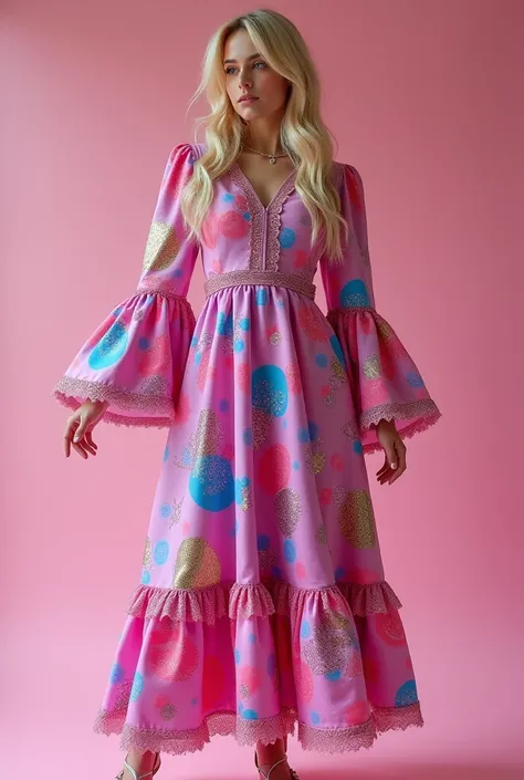 Create a playful and stylish midi dress with a psychedelic print in shades of pink, lilac, and metallic accents. The dress should feature a flared silhouette with glitter details along the hem and bust. The sleeves should be flare and flowy, emphasizing a ...