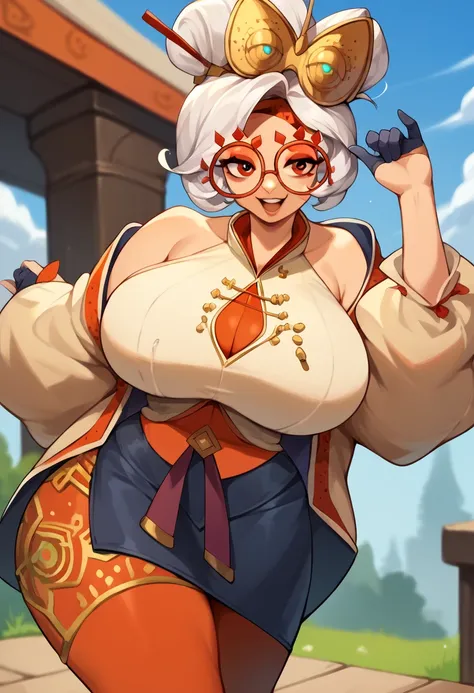 score_9, score_8_up, score_7_up, score_6_up, score_5_up, score_4_up, (source_anime), purah,
1girl,  huge breasts, narrow waist, thick thighs,  hair ornament, red headband, red glasses, sleeveless shirt, white coat, black skirt, red leggings, gloves, high h...