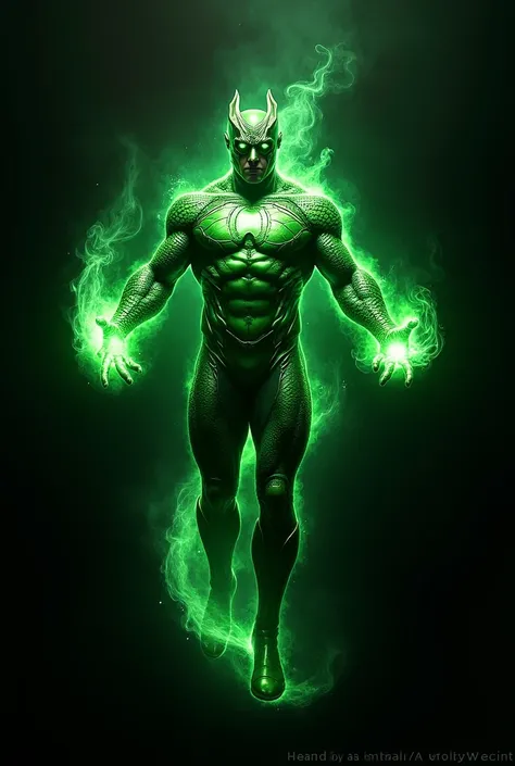 A green suit super hero standing air and The suit is like a dragon and The hands is full of green fair and background is black 