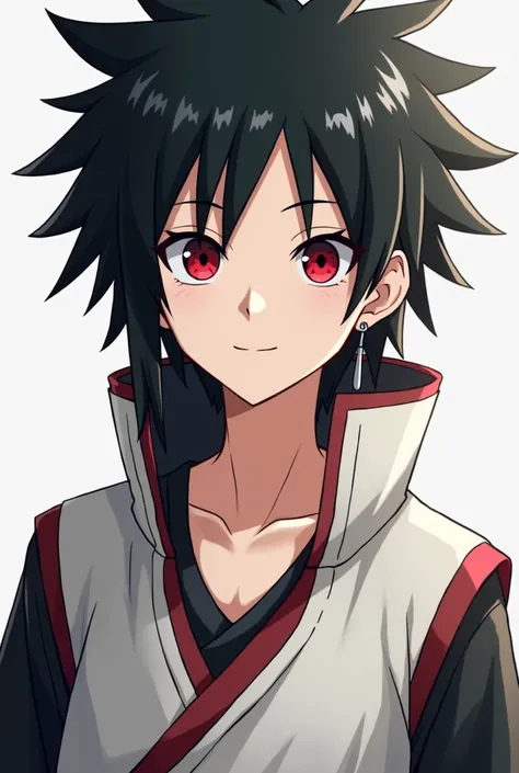 anime boy, He is 18 years old and is very masculine, You have part of your chest uncovered, He is a ninja from Konoha with red eyes and his pupil is white with a horizontal line and black hair, His clothes are a mesh with a white vest and an earring
